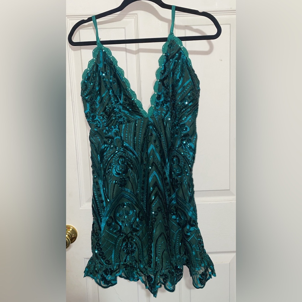 PrettyLittleThing Teal Sequin Embellished Mini Dress